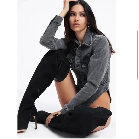 Good American NWT Black Denim Thong Bodysuit Button Down Size 1 (Small) - Picture 5 of 10